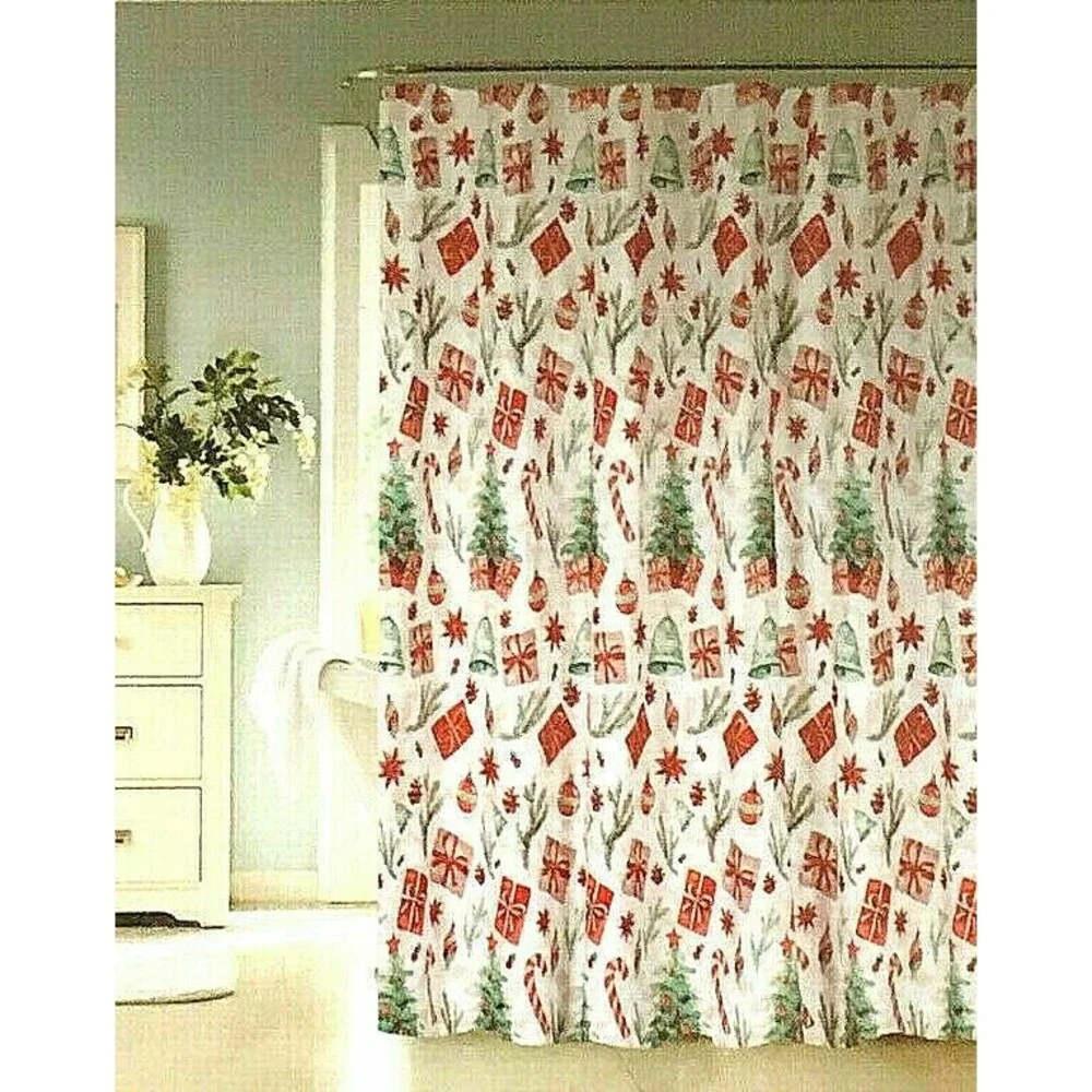 Christmas Fabric Shower Curtain Presents Candy Cane Holiday with Hooks 72x70